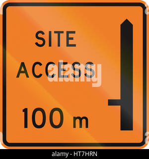 New Zealand road sign - Works site access 100 metres ahead on left. Stock Photo