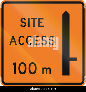 New Zealand road sign - Works site access 100 metres ahead on right. Stock Photo