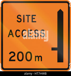 New Zealand road sign - Works site access 200 metres ahead on left. Stock Photo