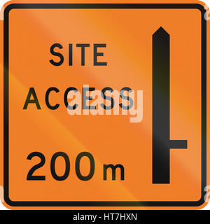 New Zealand road sign - Works site access 200 metres ahead on right. Stock Photo