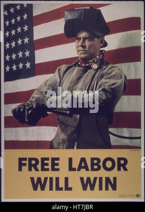 Poster supporting the war effort featuring a welder posing in front the United States flag, 1941. Image courtesy US National Archives. Stock Photo