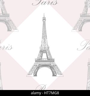 Seamless pattern with Eiffel tower on grey and white geometric background Stock Vector