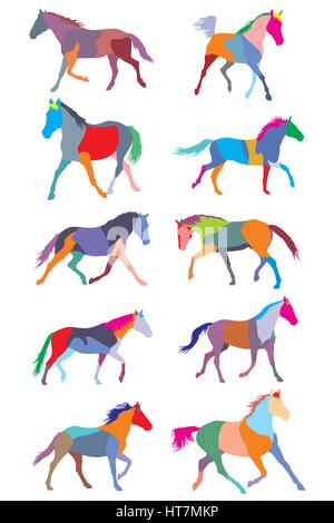illustration with colorful trotting horse silhouettes collection isolated on white background Stock Vector