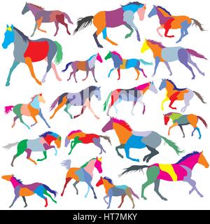 Big Set of patchwork vector colorful trotting and galloping horses  silhouettes Stock Vector