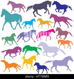 Vector colorful trotting and galloping horses silhouettes Stock Vector
