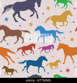 Vector Seamless Pattern with colorful running horses on grey background Stock Vector