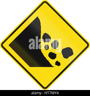 New Zealand road sign - Falling rocks or debris on left. Stock Photo