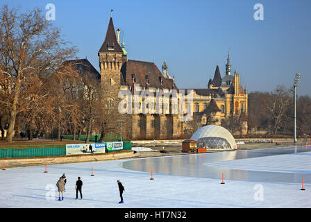 The Ice Rink in the City Park (Varosliget), Budapest, Hungary. In the background, Vajdahunyad Castle Stock Photo