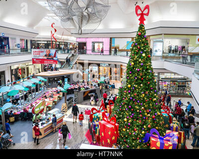 MACEY’S DEPARTMENT STORE INTERIOR CHRISTMAS beautifully decorated Christmas Tree with wrapped gifts at Macey's Store Plaza, Pleasanton California USA Stock Photo