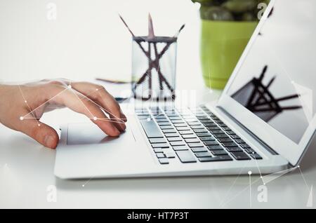 Man working with modern laptop in office. Hands typing on keyboard Stock Photo