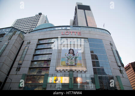 Lotte Department Store, Mar 7, 2017 : Lotte department store is seen in Seoul, South Korea. China ordered last week their travel agencies to stop selling group tours to South Korea after South Korean defence ministry completed a deal with Lotte Group to deploy a Terminal High Altitude Area Defense (THAAD) battery of the U.S. Army on a Lotte golf course, about 260 km southeast of Seoul. The U.S. and South Korea had agreed to station the anti-missile battery with a high-powered radar to counter missile threats from North Korea but China opposed the deployment as they asserted the United States w Stock Photo