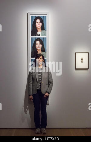London, UK. 8th March, 2017. Gillian Wearing in front of passport photograph self-portraits on the opening of her new exhibition, 'Gillian Wearing and Claude Cahun: Behind the Mask, Another Mask'. © Guy Corbishley/Alamy Live News Stock Photo