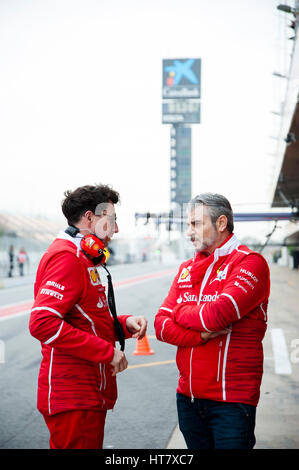 Barcelona, Spain. 8 March, 2017. Mattia Binotto (left), Chief Technical Officer of Scuderia Ferrari and Maurizio Arrivabene (right) Gestione Sportiva Managing Director & Team Principal at Scuderia Ferrari, during the 6th day of the Formula 1 Test at the Circuit of Catalunya. Credit: Pablo Freuku/Alamy Live News Stock Photo