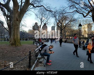 New York City, USA. 8th March, 2017. Protesters gathered in Washington Square Park in lower Manhattan in support of labor campaigns, migrants' rights, sanctuary campus campaigns, and other movements. Credit: Ward Pettibone/Alamy Live News. Stock Photo