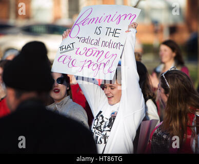 Columbus, USA. 08th Mar, 2017. Emma Bundhaggen shows her support for women's rights at the International Women's Day Rally at Goodale Park. Columbus, Ohio, USA. Credit: Brent Clark/Alamy Live News Stock Photo