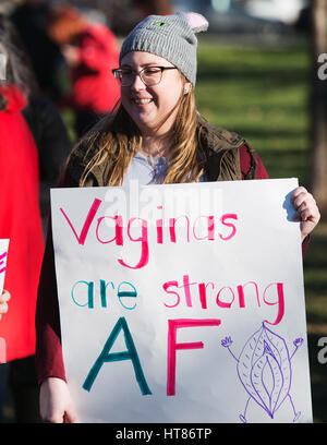 Columbus, USA. 08th Mar, 2017. Brooke Nutter shows her support for women's rights at the International Women's Day Rally at Goodale Park. Columbus, Ohio, USA. Credit: Brent Clark/Alamy Live News Stock Photo