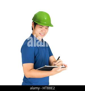 asian engineer wearing blue shirt with green helmet isolated on white Stock Photo