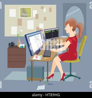 Designer girl sitting at the computer and drawing on a graphic tablet Stock Vector