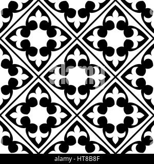 Spanish and Portuguese tile pattern, Moroccan tiles design, seamless black and white - Azulejo Stock Vector