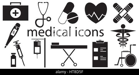 Black and white set of medical icons vector isolated in white background. Stock Vector