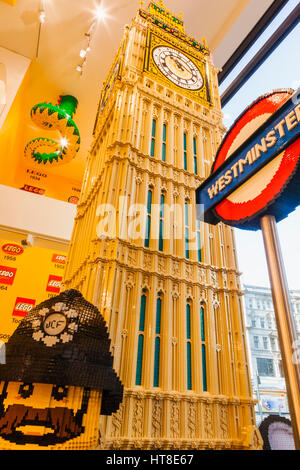 England, London, Leicester Square, Lego Store, Big Ben Statue made of Lego Stock Photo