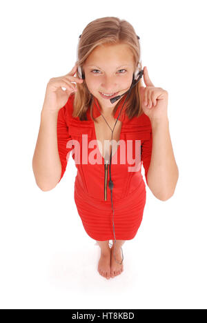 Beautiful customer service operator student girl with headset, isolated on white background. Stock Photo