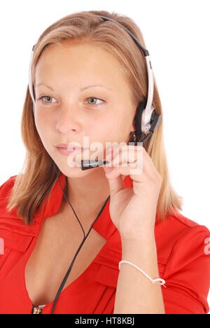 Beautiful customer service operator student girl with headset, isolated on white background. Stock Photo