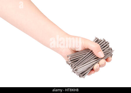 Man's hand holding metal nails. Closeup with clipping path isolated on white background Stock Photo