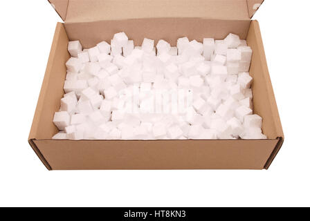 Packing box with pieces of foam, isolated on a white background Stock Photo