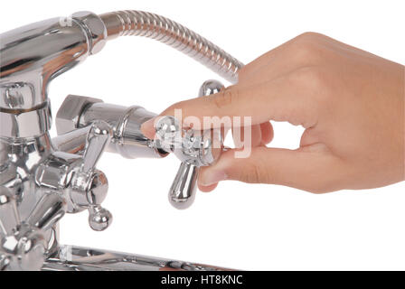 New chrome metallic shower head with water spray adjustable which keeps the arm and adjusts water temperature isolated on white background Stock Photo