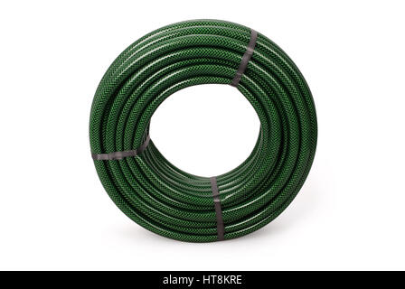 Green garden water hose rolled up in a tangle isolated on white background with soft shadow. Photo with clipping path Stock Photo
