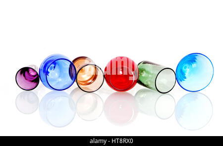 Abstract image of colored circles with crystal glasses and reflection on white background Stock Photo