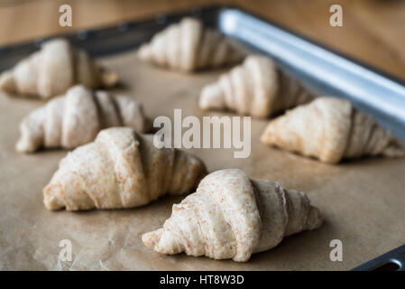 Not baked raw whole grain croissants on oven tray with baking paper Stock Photo