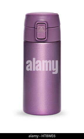 Purple thermos bottle with plastic lid and convenient spout for an active life, isolated on white background Stock Photo