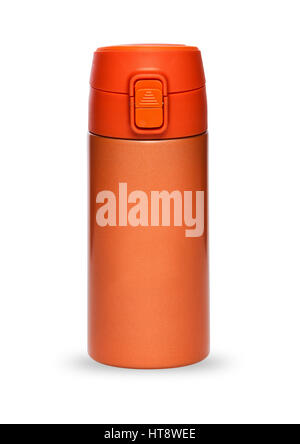 Orange thermos with plastic lid and convenient spout for an active life, isolated on white background Stock Photo