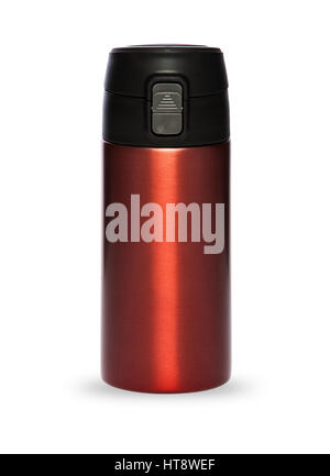 Red thermos with plastic lid and convenient spout for an active life, isolated on white background Stock Photo