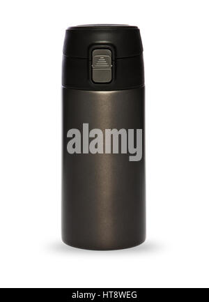 Black thermos with plastic lid and convenient spout for an active life, isolated on white background Stock Photo