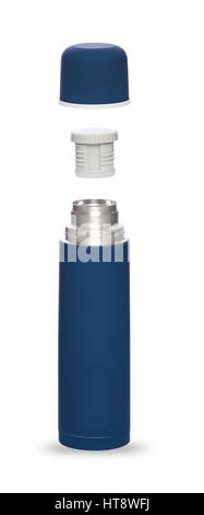 Metal thermos blue for an active life folded three objects, isolated on white background Stock Photo