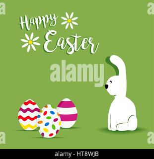 Happy Easter holiday celebration design with colorful eggs and white rabbit on spring time. EPS10 vector. Stock Vector