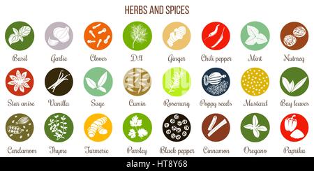 Big icon set of popular culinary herbs and spices white silhouettes Stock Vector