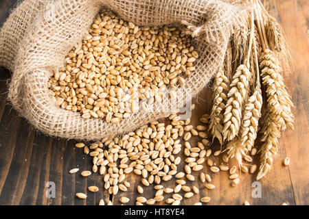 Wheat in a jute sack. Stock Photo