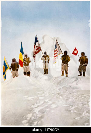 ‘The Five Flags at the Pole’ colorized photograph taken by American explorer Robert Peary (1856-1920) at what he believed to be the North Pole on 6th April 1909. Featuring Peary’s 5 assistants American Matthew Henson, and Inuits Ootah, Egigingwah, Seegloo and Ooqueah. Stock Photo