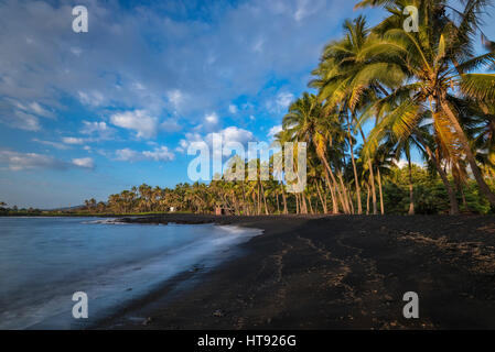 Punalu'u Black Sand Beach in the Ka'u District on the Big Island of Hawaii. Stock Photo