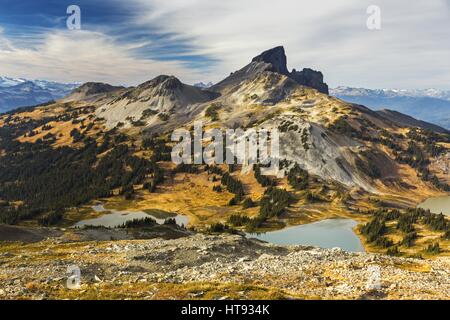 Black Tusk Mountain Peak Landscape Panorama Scenic Autumn Hiking Sea to Sky Garibaldi Provincial Park BC Coast Mountains Pacific Northwest BC Canada Stock Photo