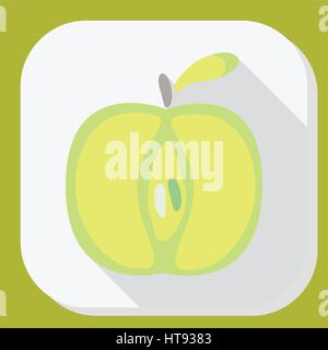 Green apple sign icon with long shadow. Fruit with leaf symbol. Vector illustration. Flat design. Stock Vector