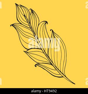 Hand drawn doodle zentangle feather isolated from background. Black illustration with different ornaments. Stock Vector