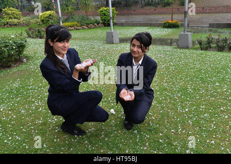 Lahore, Pakistan. 08th Mar, 2017. Pakistani employee of local restaurant collecting hail from garden. Rain and hail poured down in Lahore and turned the weather cold. Credit: Rana Sajid Hussain/Pacific Press/Alamy Live News Stock Photo