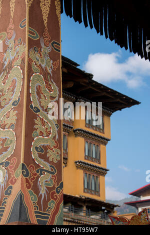 Bhutan, Thimphu, capital of Bhutan. Five-star luxury Taj Tashi Hotel, detail of typical Bhutanses architecture. Stock Photo