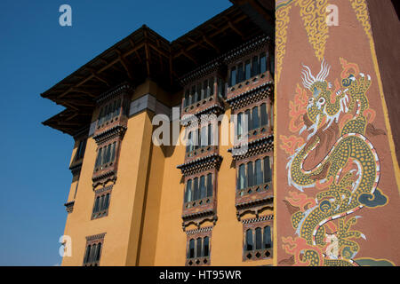 Bhutan, Thimphu, capital of Bhutan. Five-star luxury hotel Taj Tashi Hotel, detail of typical Bhutanese style architecture. Stock Photo