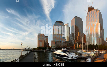 Panorama of harbor in manhattan island on sunset time. Cityline of manhattan island Stock Photo